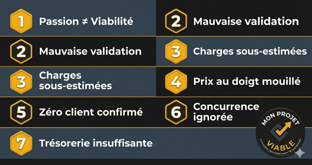 Erreurs projet entrepreneurial : infographie des 7 causes d'échec les plus fréquentes