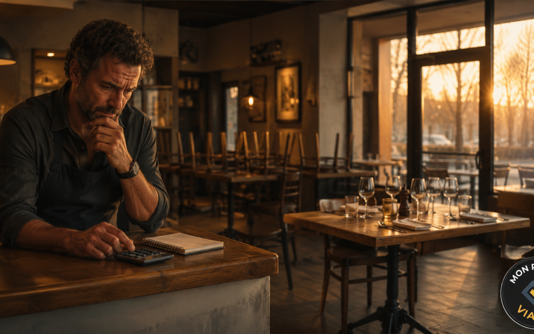 Restaurateur seul dans la salle vide de son restaurant en semaine face a ses comptes