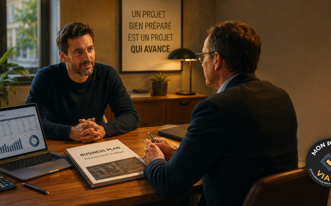 Entrepreneur en rendez-vous bancaire presentant son business plan pour la banque