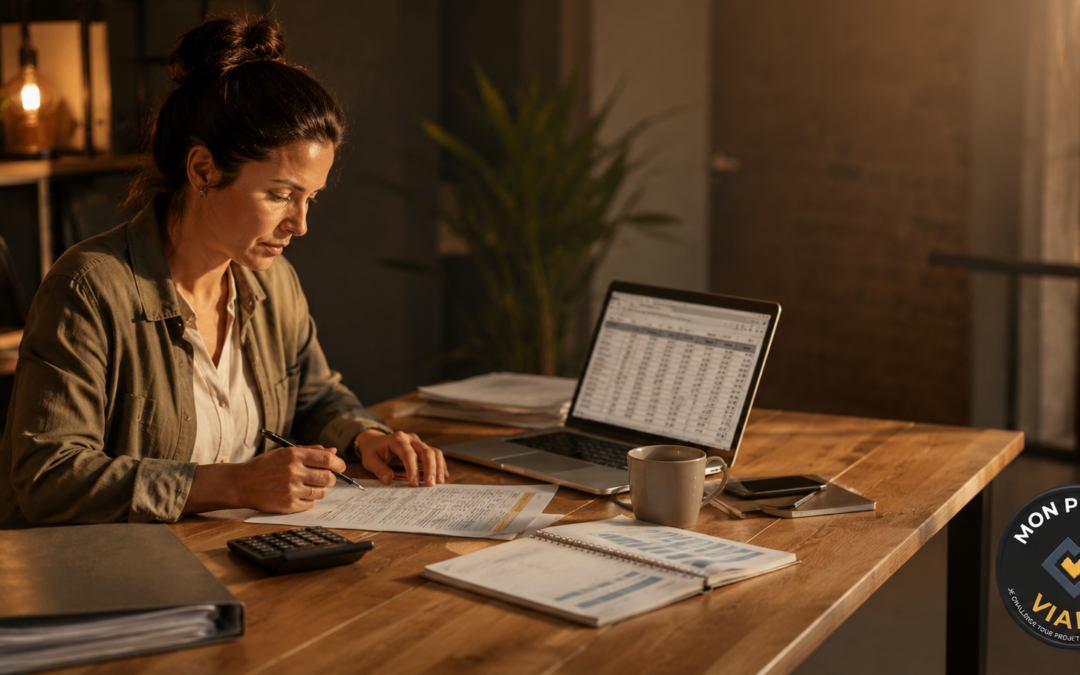 Entrepreneur construisant un plan de trésorerie prévisionnel mois par mois sur tableur