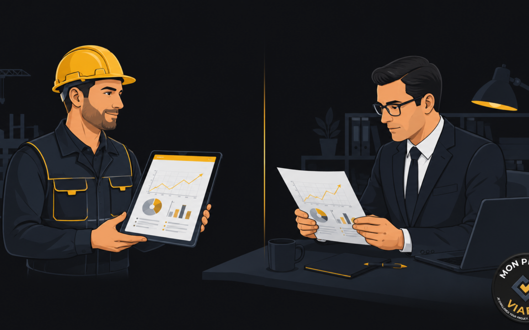Entrepreneur du BTP et banquier examinant un business plan généré par IA