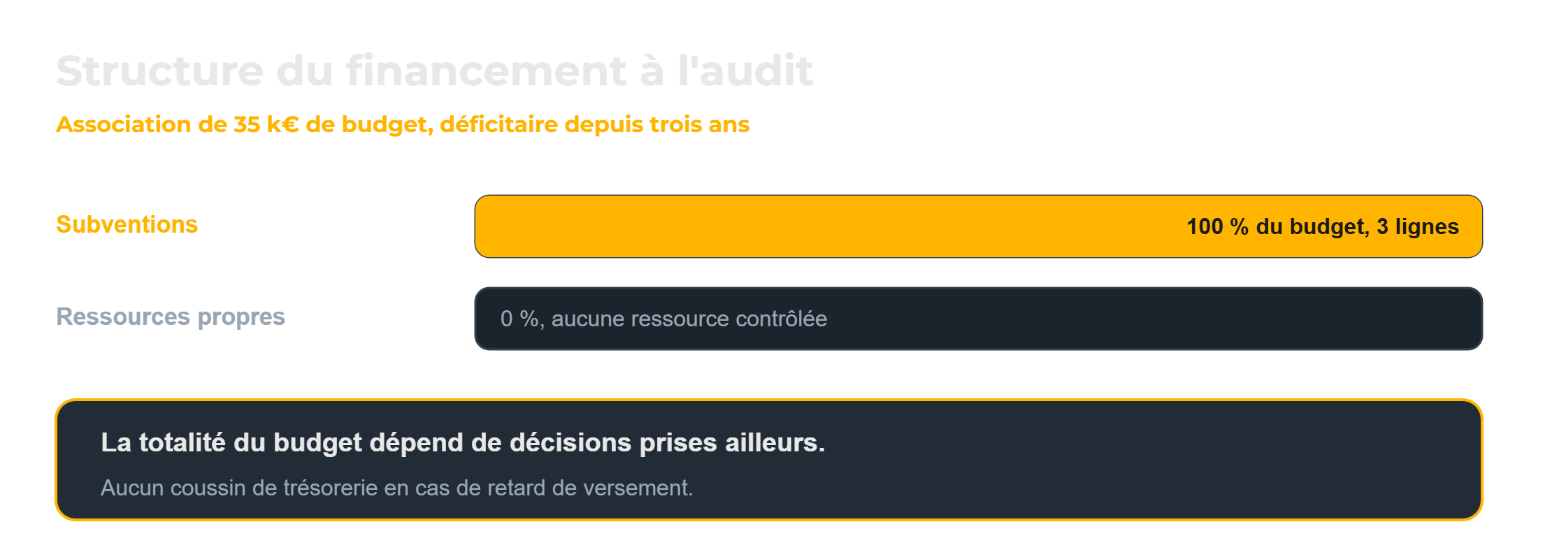 Modèle économique d’une association : 100 % du budget financé par trois lignes de subvention